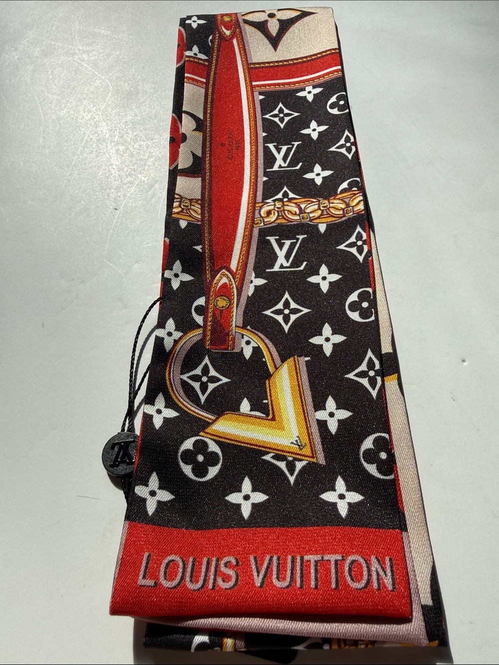 Black, Red & Gold Monogram Silk Scarf/Twilly